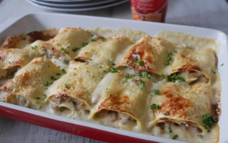 Lasagnes roulées au jambon et champignons