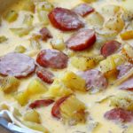 Quiche campagnarde, saucisses fumées, pommes de terre